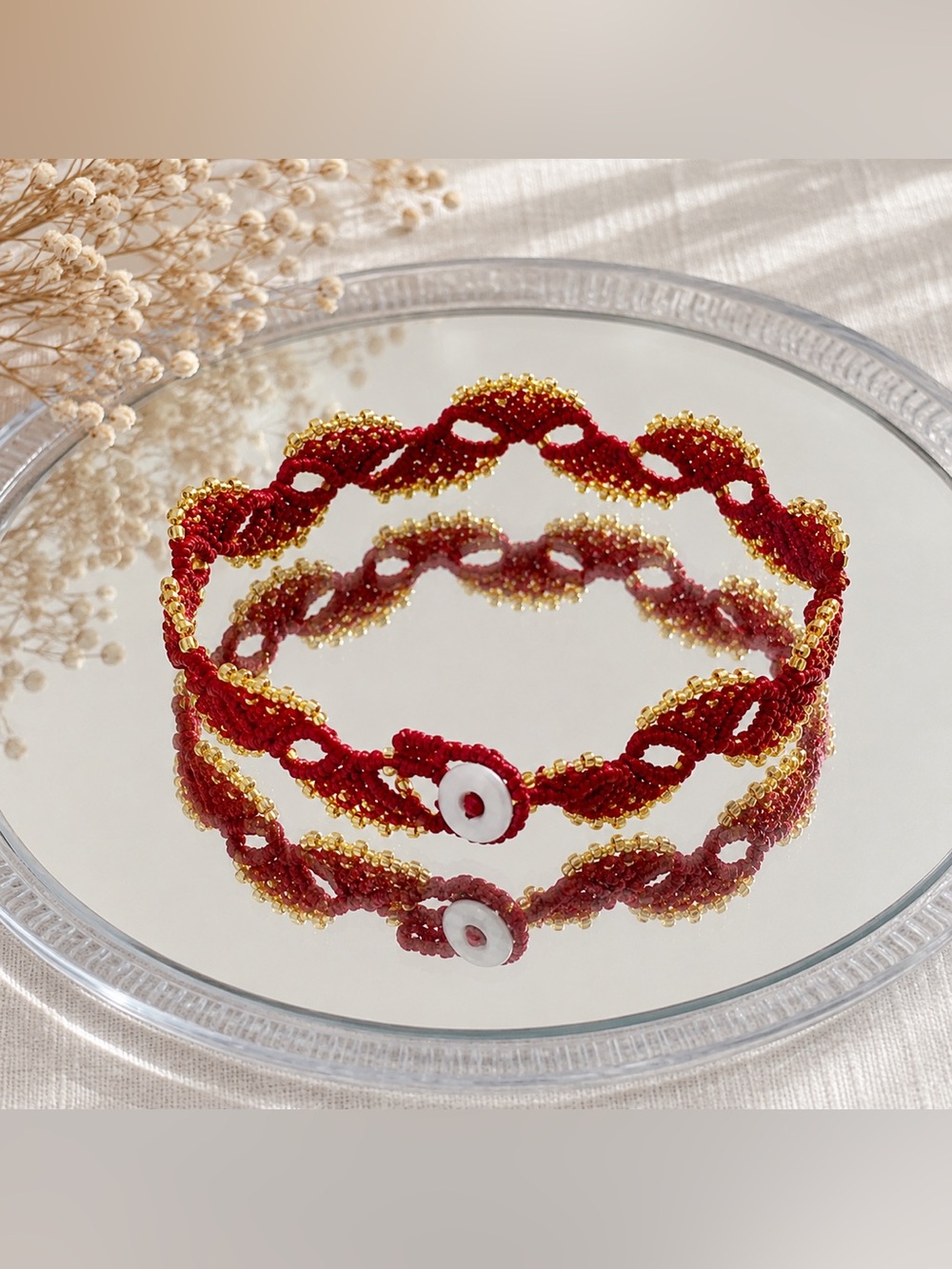 Lucky Red Macrame Bracelet Golden Beads Handmade Boho Jewelry